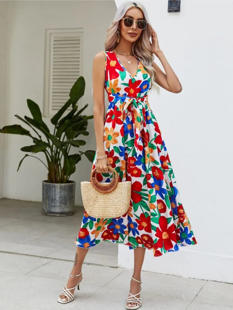 Flowy V Neck Sleeveless Colorful Dress - Lumikova