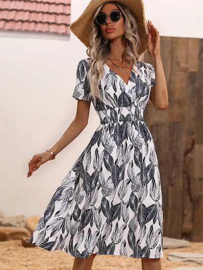 Summer Floral Casual Dress - Midi Long Short Sleeve - Lumikova