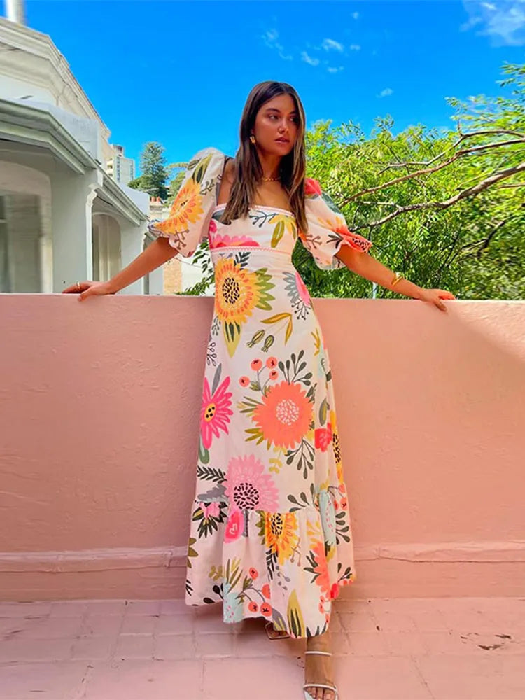 Colorful Flower Print Maxi Dress -  Elegant Square Neck Short Puff Sleeve - Lumikova