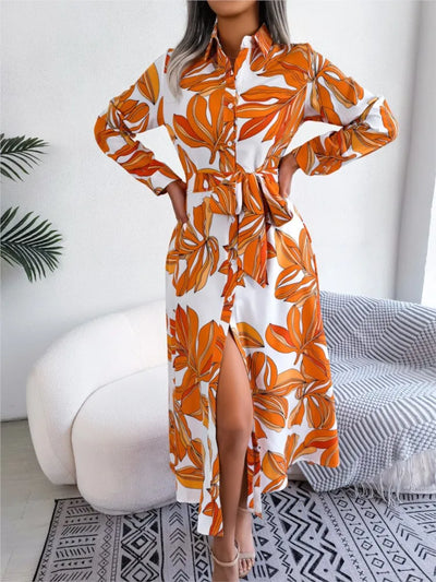 Casual Turn Down Collar Long Sleeve Floral Dress - Lumikova