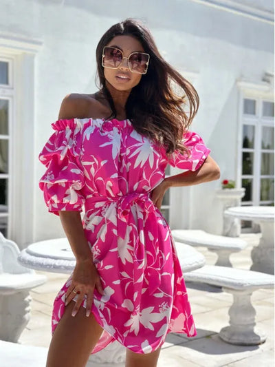 Floral Off Shoulder Colorful Dress - Lumikova