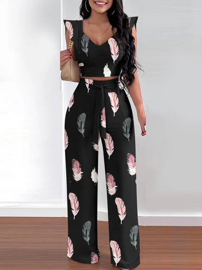 V Neck Sleeveless Shirt Long Pant - 2 Piece - Lumikova