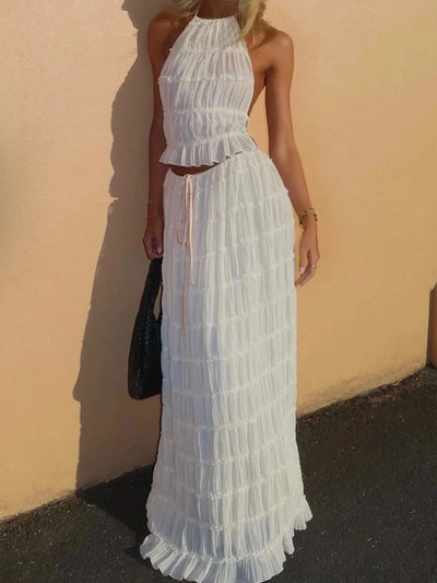 Halter Pleated Top Maxi Skirt - Sleeveless Backless Summer Outfit - Lumikova