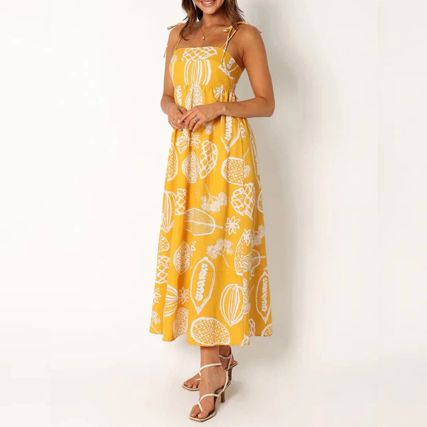 Vintage Tie Shoulder Midi Dress - Fruit Print A-Line Dress