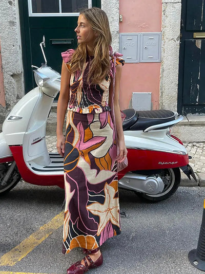 Ethnic Style Women's Printed Skirt Sets Vintage O-neck Flying Sleeve Slim Tops Pleated Skirts Set 2024 New Vacation Beach Suits - Lumikova