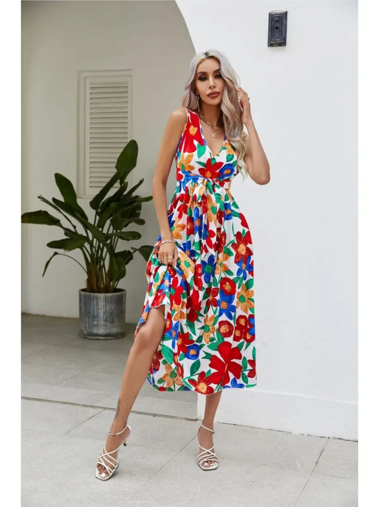 Flowy V Neck Sleeveless Colorful Dress - Lumikova