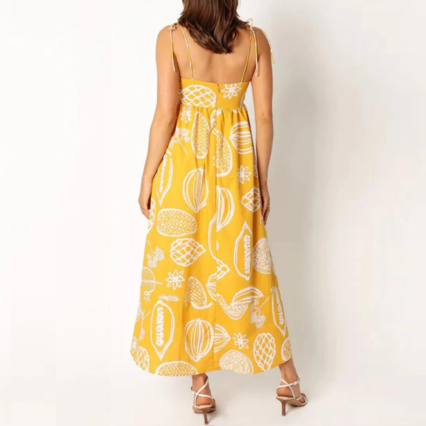 Vintage Tie Shoulder Midi Dress - Fruit Print A-Line Dress