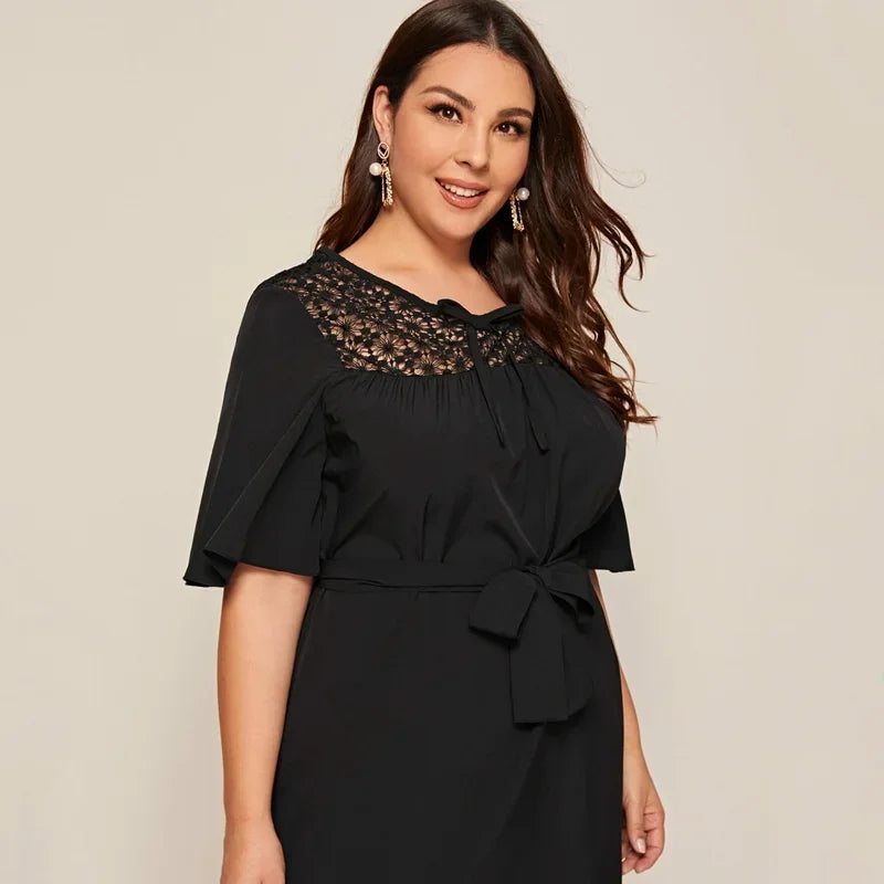 Plus Size Tie Front Elegant Dress - Ruffle Sleeve Sashes - Lumikova