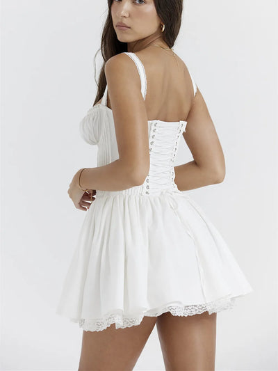 Serenade Milkmaid Tie Up Mini Elegant Dress - Lumikova