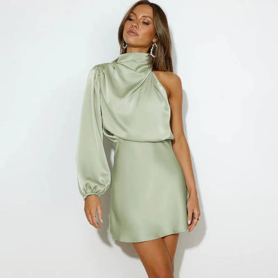 Satin Midi Chic Dress - One Shoulder - Lumikova