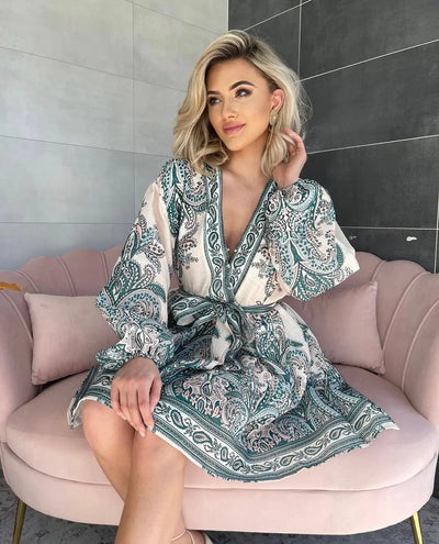 Elegant Printed V Neck Lace Up Long Sleeve Dress - Lumikova