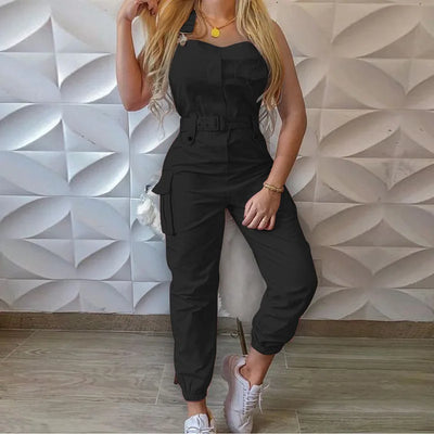 Women's Sleeveless High Waist Cargo Jumpsuit | Solid Color with Pockets - Lumikova