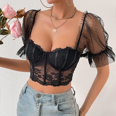 Bare Shoulder V-Neck Crop Top - Mesh Sheer Puff Sleeve Embroidery - Lumikova