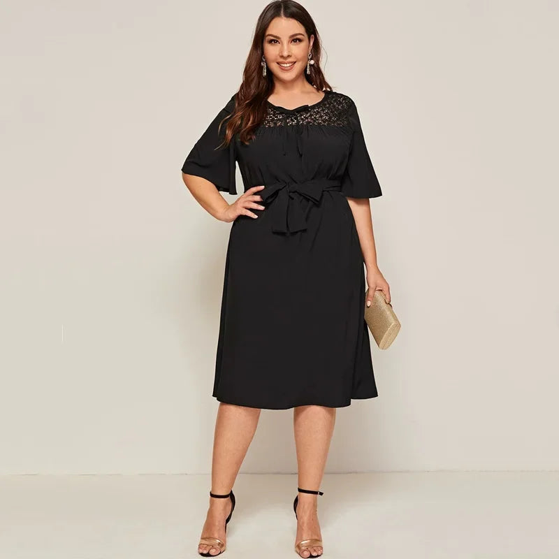 Plus Size Tie Front Elegant Dress - Ruffle Sleeve Sashes - Lumikova