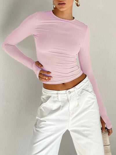 Basic Crewneck Casual Crop Top - Long Sleeve - Lumikova