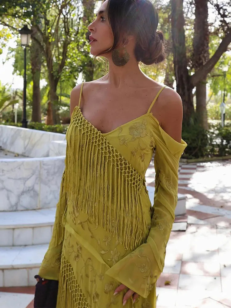 Green Strappy Chiffon Chic Dress - With Fringe Side Slit - Lumikova