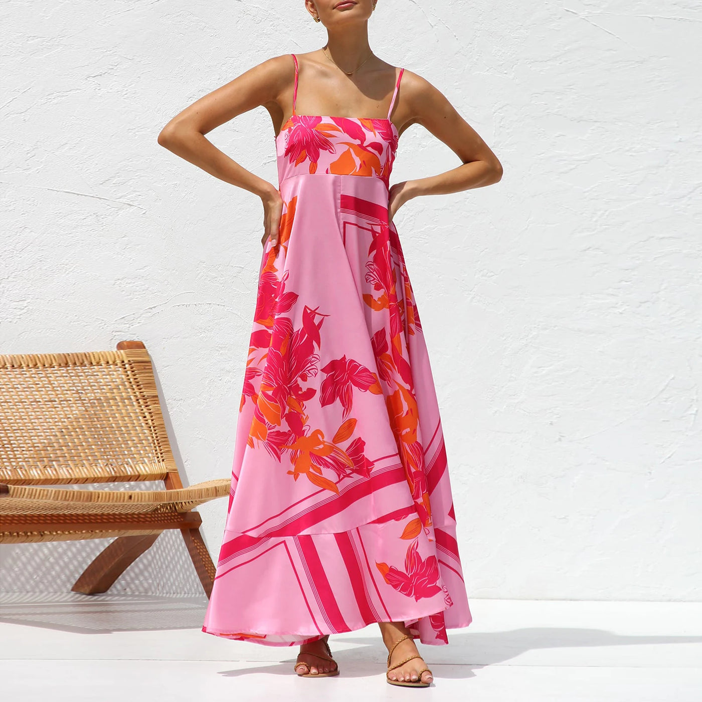 Maxi Dress Spaghetti Strap Backless Flower Print