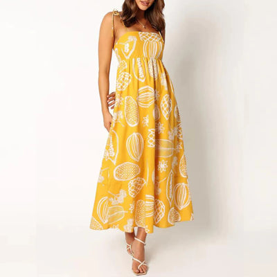 Vintage Tie Shoulder Midi Dress - Fruit Print A-Line Dress