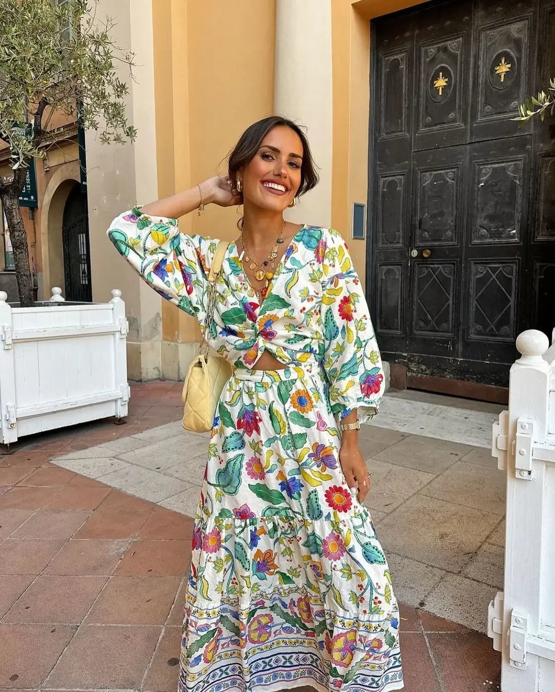 Flower Printed Hollow Out Maxi Dress - Elegant V-neck Long Sleeves Dress - Lumikova