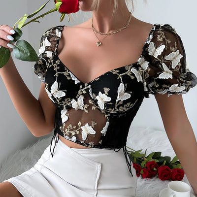 Floral Embroidery Crop Top - Puff Sleeve Ruched Backless Boho Top - Lumikova