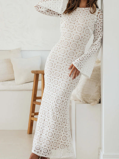 Elegantes, rückenfreies Maxikleid aus Jacquard mit Blumenmuster und langen Ärmeln