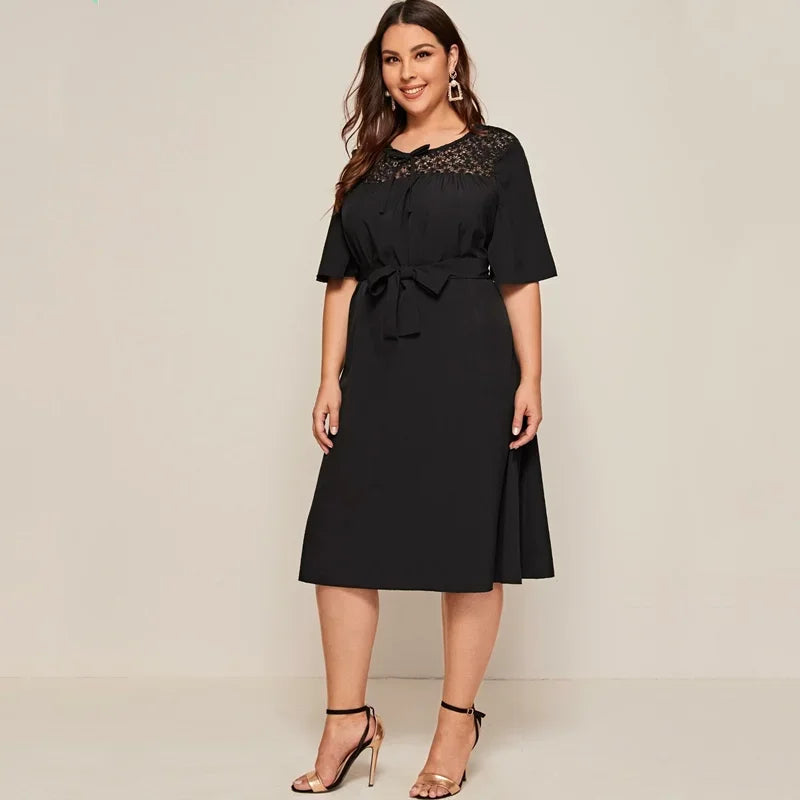 Plus Size Tie Front Elegant Dress - Ruffle Sleeve Sashes - Lumikova