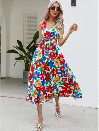 Flowy V Neck Sleeveless Colorful Dress - Lumikova