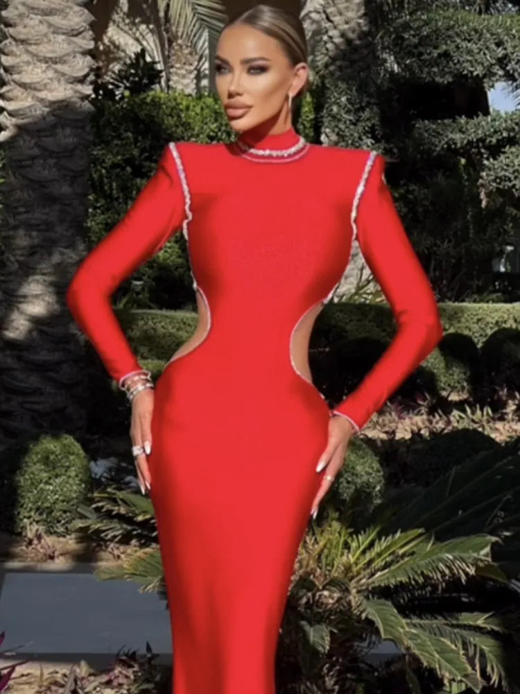 Turtleneck Long Sleeve Red Midi Elegant Dress - Lumikova