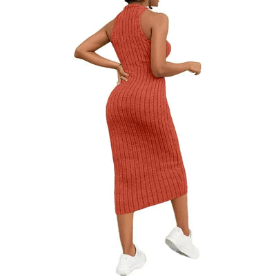 Solid Halter Neck Knitted Casual Dress - Lumikova