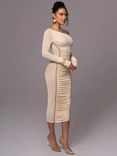 Diagonal Collar Long Sleeve Midi Chic Dress - Lumikova