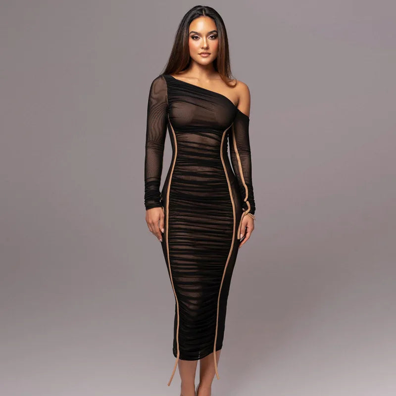 Off The Shoulder Mesh Long Sleeve - Elegant Dress - Lumikova