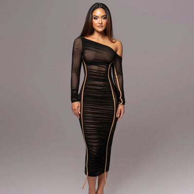 Off The Shoulder Mesh Long Sleeve - Elegant Dress - Lumikova