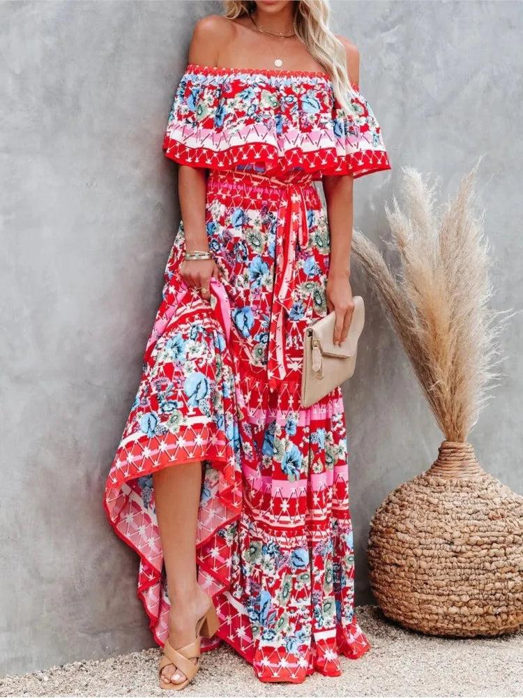 Boho Floral Slash Neck Maxi Dress - Lumikova