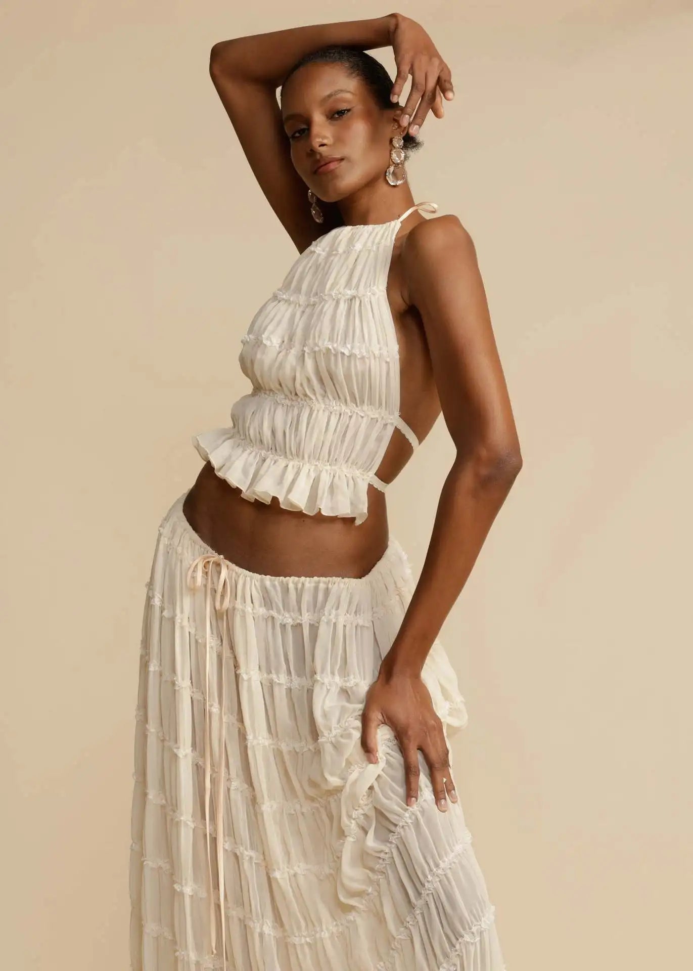 Halter Pleated Top Maxi Skirt - Sleeveless Backless Summer Outfit - Lumikova