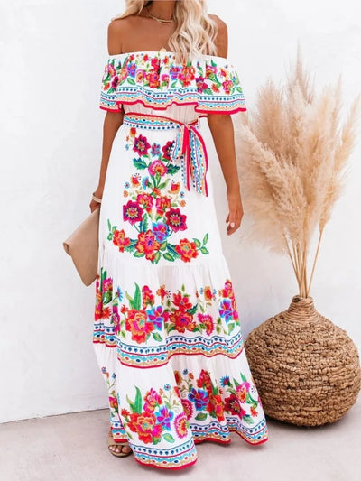 Boho Floral Slash Neck Maxi Dress - Lumikova