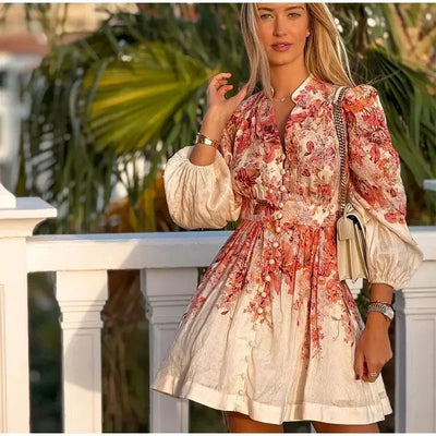 V-neck Flower Printed Mini Dress - Lumikova