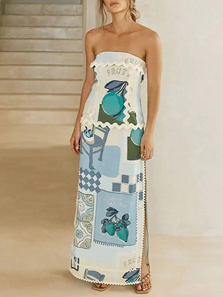 Antonella Ric Rac Trims Unique Print Off Shoulder Slit Maxi Dress - Lumikova