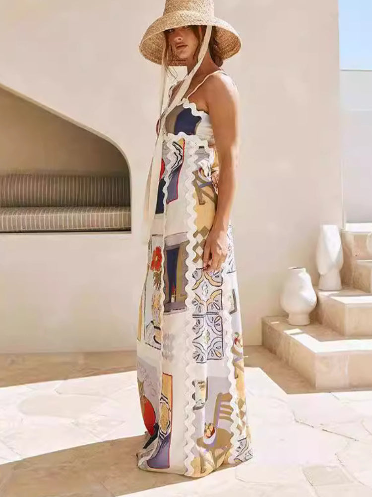 Chelsea Ric Rac Trims Unique Print Back Tie-up Maxi Dress - Lumikova