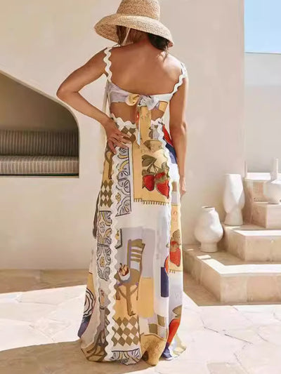 Chelsea Ric Rac Trims Unique Print Back Tie-up Maxi Dress - Lumikova