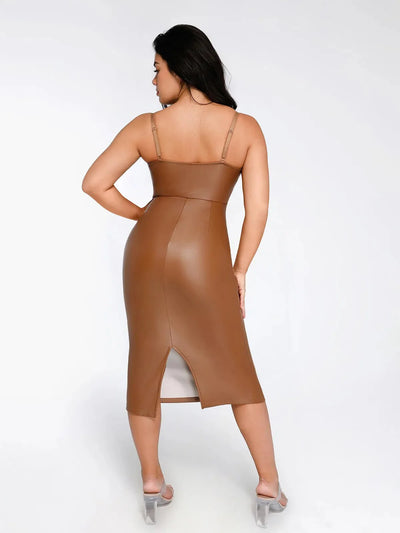 Shapewear Faux Leather Hourglass Corset Midi Dress