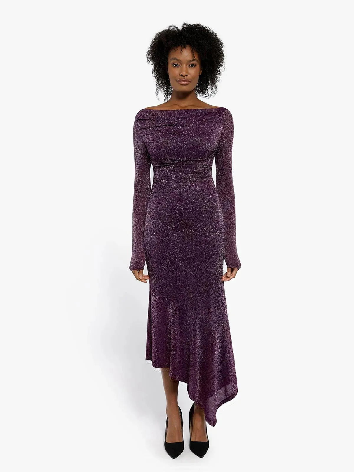 Shapewear Metallic Knit Long Sleeve Slim Mermaid Maxi Dress