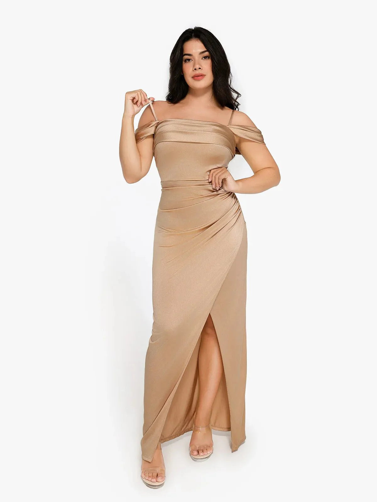 Shapewear Off Shoulder Shine Ruched Sculpting Maxi Dress