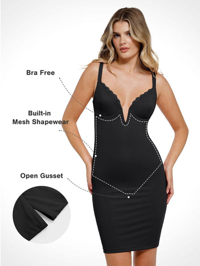 Shapewear Plunging V Lace Trim Bodycon Mini Dress