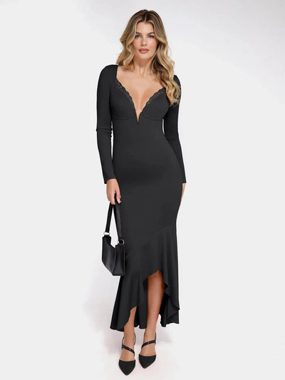 Shapewear Long Sleeve Lace Trim Sculpting Mermaid Maxi Dress