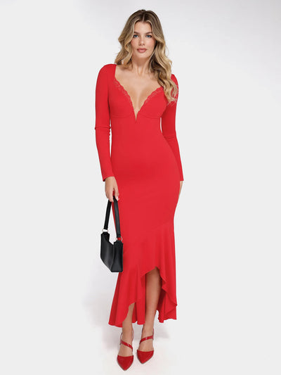 Shapewear Long Sleeve Lace Trim Sculpting Mermaid Maxi Dress