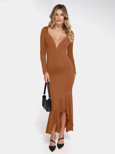 Shapewear Long Sleeve Lace Trim Sculpting Mermaid Maxi Dress