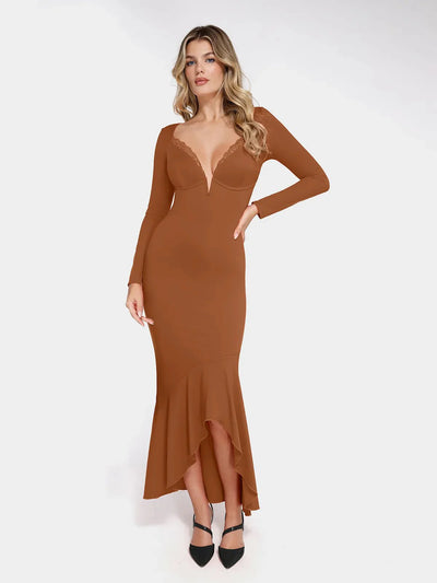 Shapewear Long Sleeve Lace Trim Sculpting Mermaid Maxi Dress