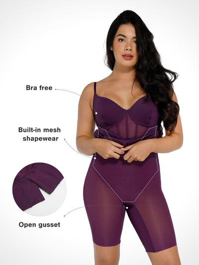 Shapewear Mesh Corset Panel Built-In Sculpting Midi Dress