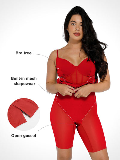 Shapewear Mesh Corset Panel Built-In Sculpting Midi Dress