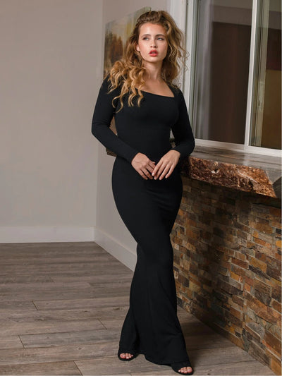 Solid Long Sleeve Dress With Built in Shapewear - Lumikova